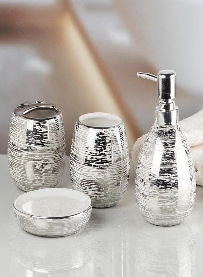Kookee Ceramic Bathroom Set - Stylish 4 Piece Bath Accessories Kit with Soap Dispenser, Toothbrush Holder, Tumbler & Soap Dish - Modern & Designer Decor for Home & Guest Bathrooms, Silver (9751) - Image 3